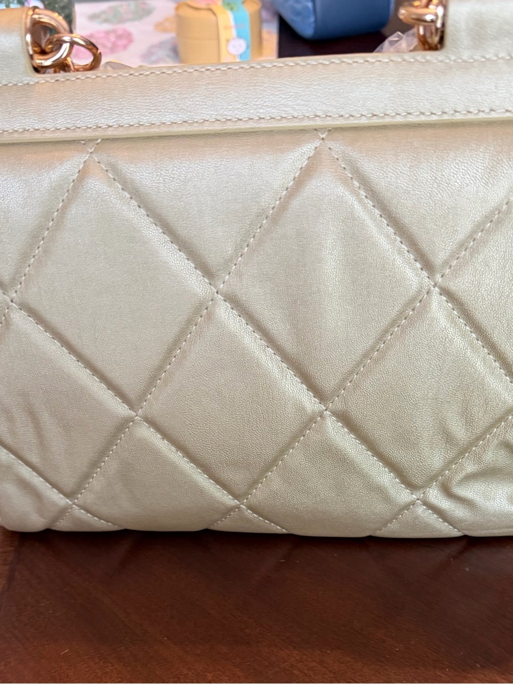 Badgley Mischka Metallic Gold Quilted Satchel with Logo Hardware - Picture 3 of 5